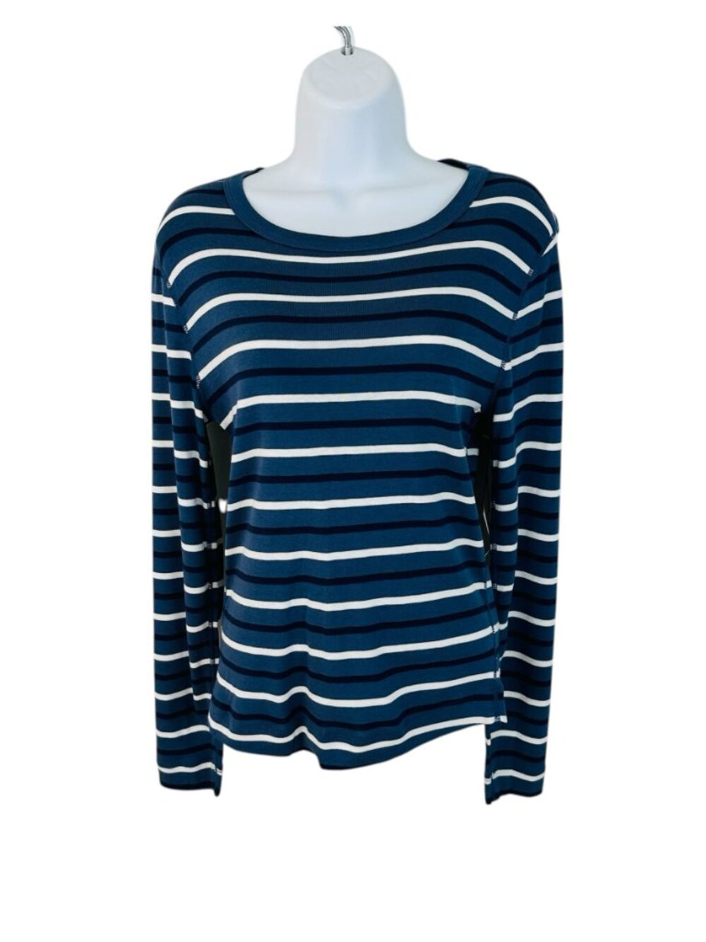 Three Dots Women's Size S Stripe Long Sleeve Crew Neck Blue White Knit Top NEW - Picture 2 of 8